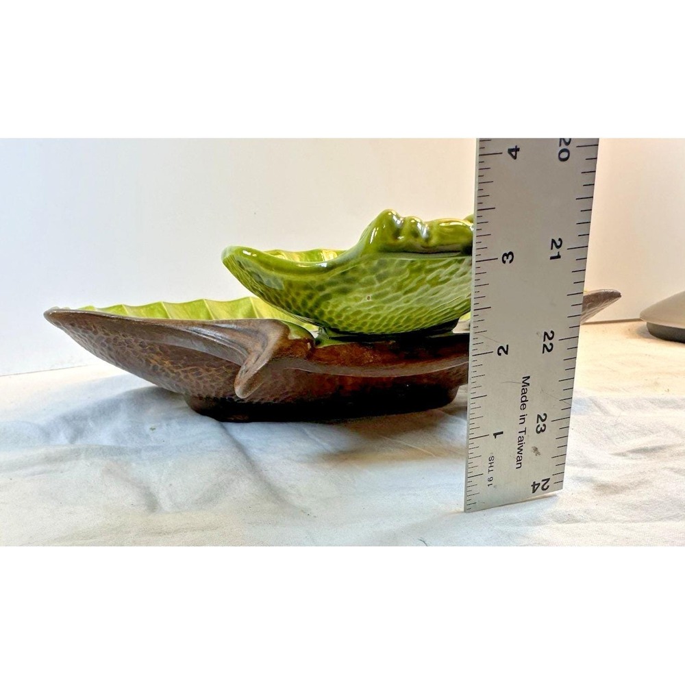 Vintage Treasure Craft MCM Green Clam Shell Chip/Dip Bowl Set 2-Tier Drip Glaze - Picture 13 of 13
